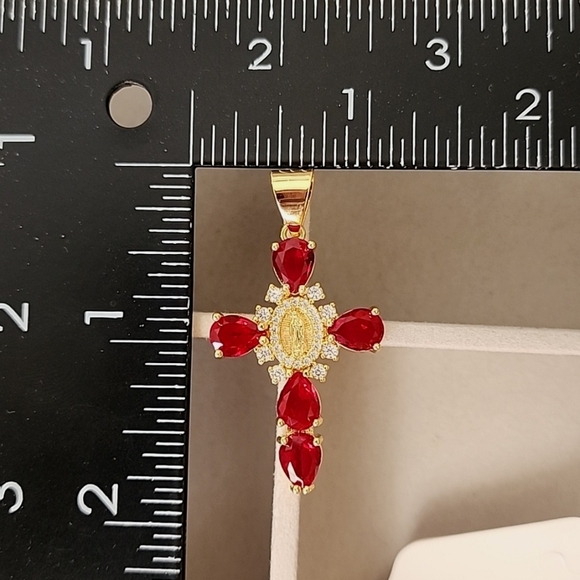 Gold Steel Cross Pendant Crystal Simulated Red Ruby Stones and Virgin Ma… - Picture 7 of 8